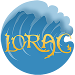 Logotipo de Lorac: la palabra 'Lorac' en letras doradas estilizadas con detalles que imitan ramas de coral, sobre una ola azul que evoca el océano.